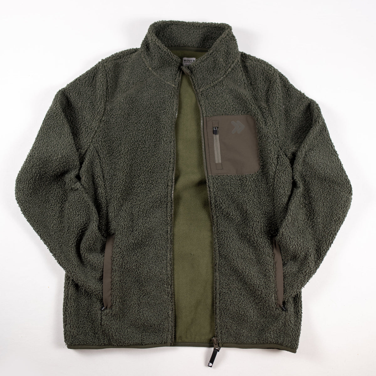 Original front view of the Smokey Olive MOVE Sport Apparel women’s Sherpa jacket with stand collar and contrast zip chest pocket.