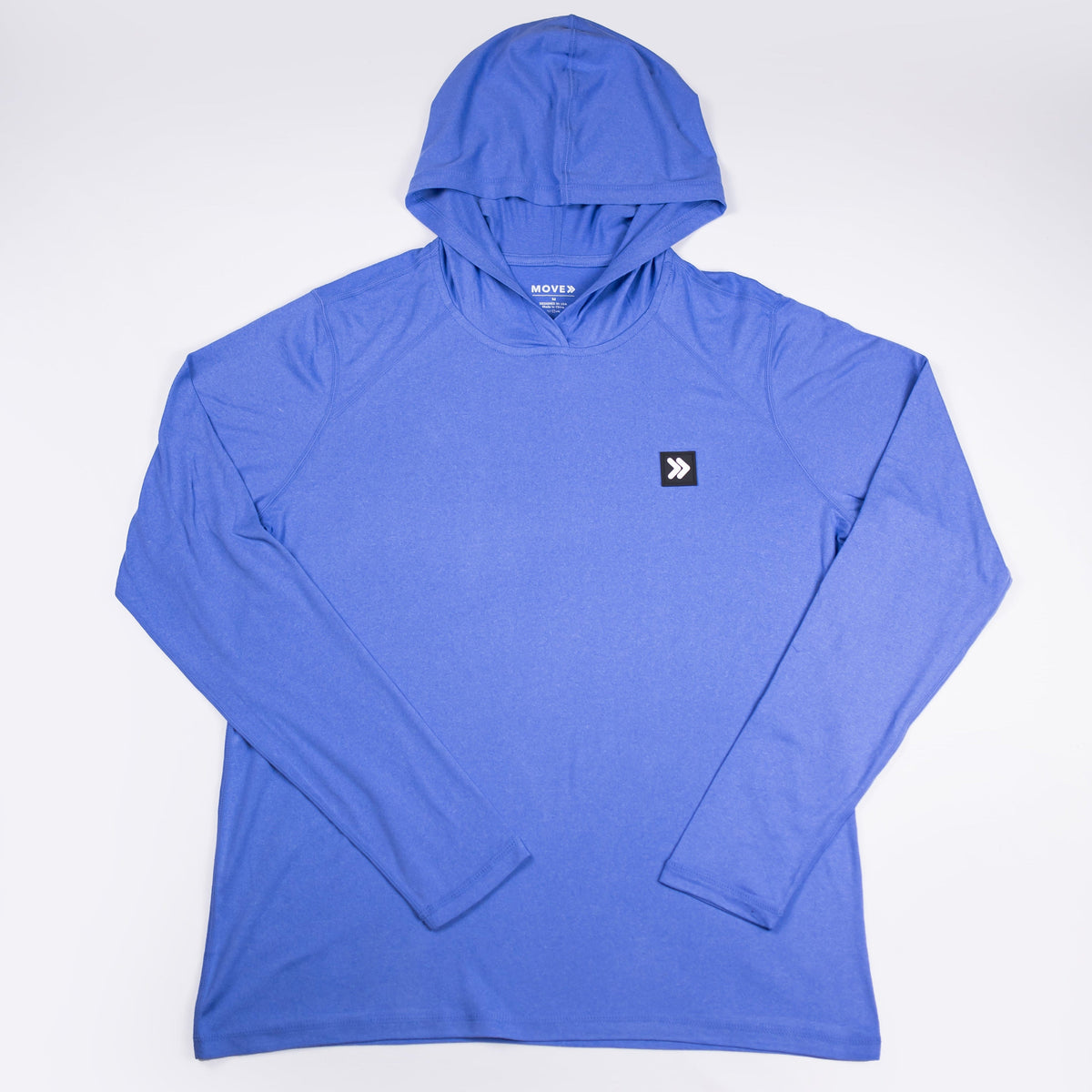 MOVE Sport Apparel women’s Black Label Lightweight Sun Hoodie: Deep Periwinkle sun hoodie shown flat from the front.