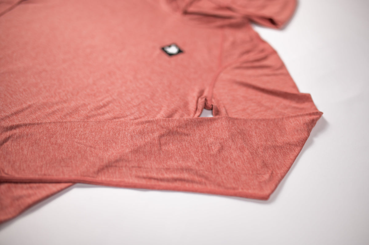 MOVE Sport Apparel women’s Black Label Lightweight Sun Hoodie: Desert Sand sun hoodie sleeve cuff and seam detail.