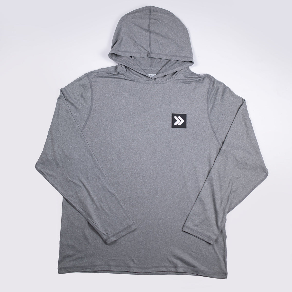MOVE Sport Apparel women’s Black Label Lightweight Sun Hoodie: Heather Classic Gray sun hoodie shown flat from the front.