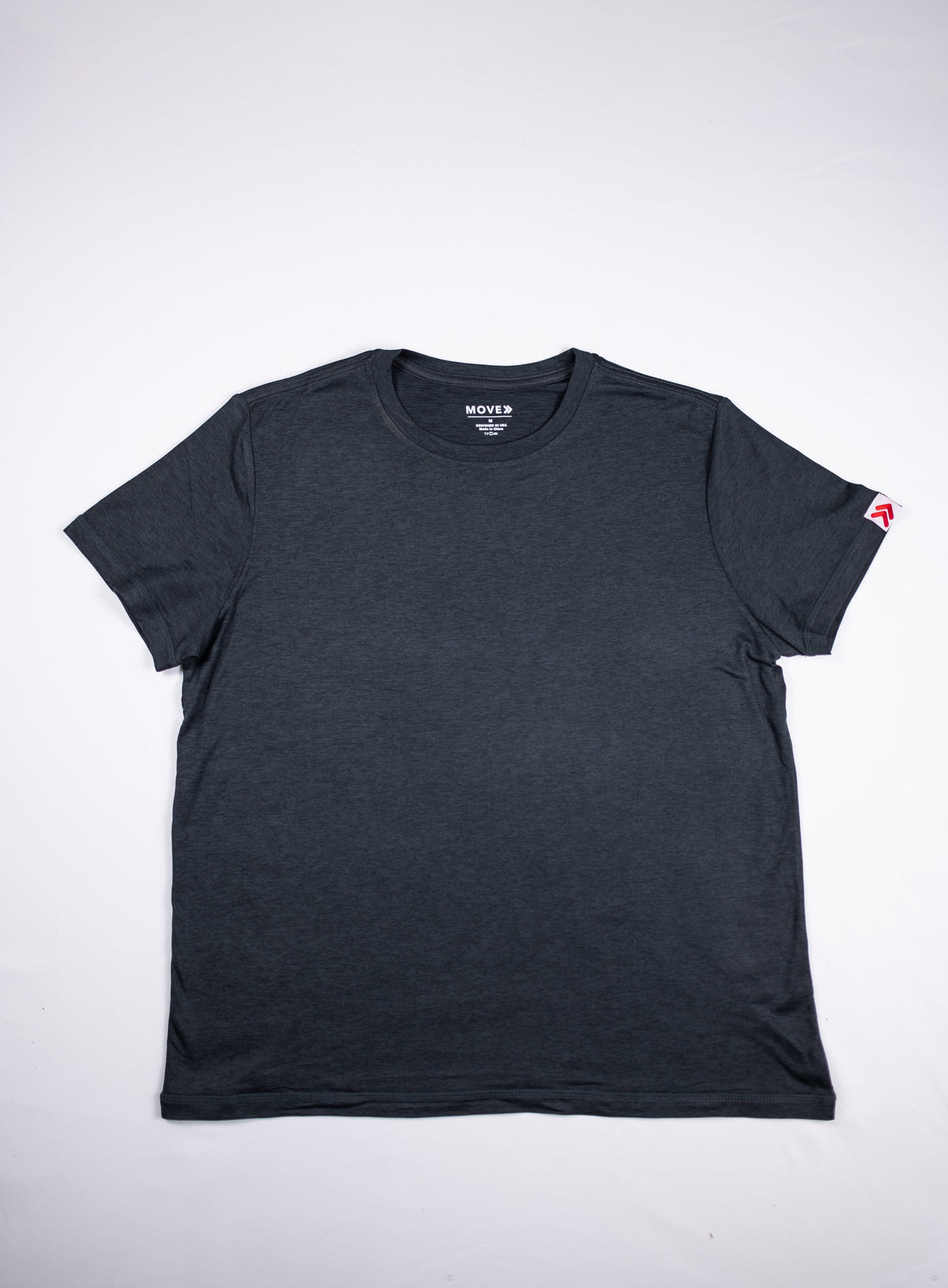 Heather Black MOVE Sport Apparel women’s Essential Short Sleeve T-shirt, front view showing the crew neckline, short sleeves and small red-and-white sleeve tag.