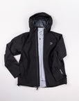 Original full-front view of the black MOVE Sport Apparel women’s waterproof jacket with hood and full zipper.