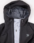 Close view of the black MOVE Sport Apparel women’s waterproof jacket hood, gray lining and chest embellishment.