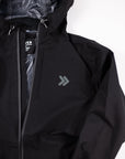 Black MOVE Sport Apparel women’s waterproof jacket showing the hood, zipper and original small gray chest embellishment.