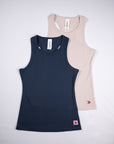 India Ink and Crystal Gray MOVE Sport Apparel Women’s FlexRib Full Length Tanks arranged together.