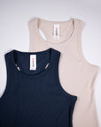 Necklines and inner labels on India Ink and Crystal Gray MOVE Sport Apparel Women’s FlexRib Full Length Tanks.