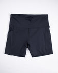 Front flat-lay view of black MOVE Sport Apparel Women’s Biker Shorts with a broad waistband and side pockets.