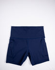Maritime Blue MOVE Sport Apparel Women’s Biker Shorts shown flat from the plain side.