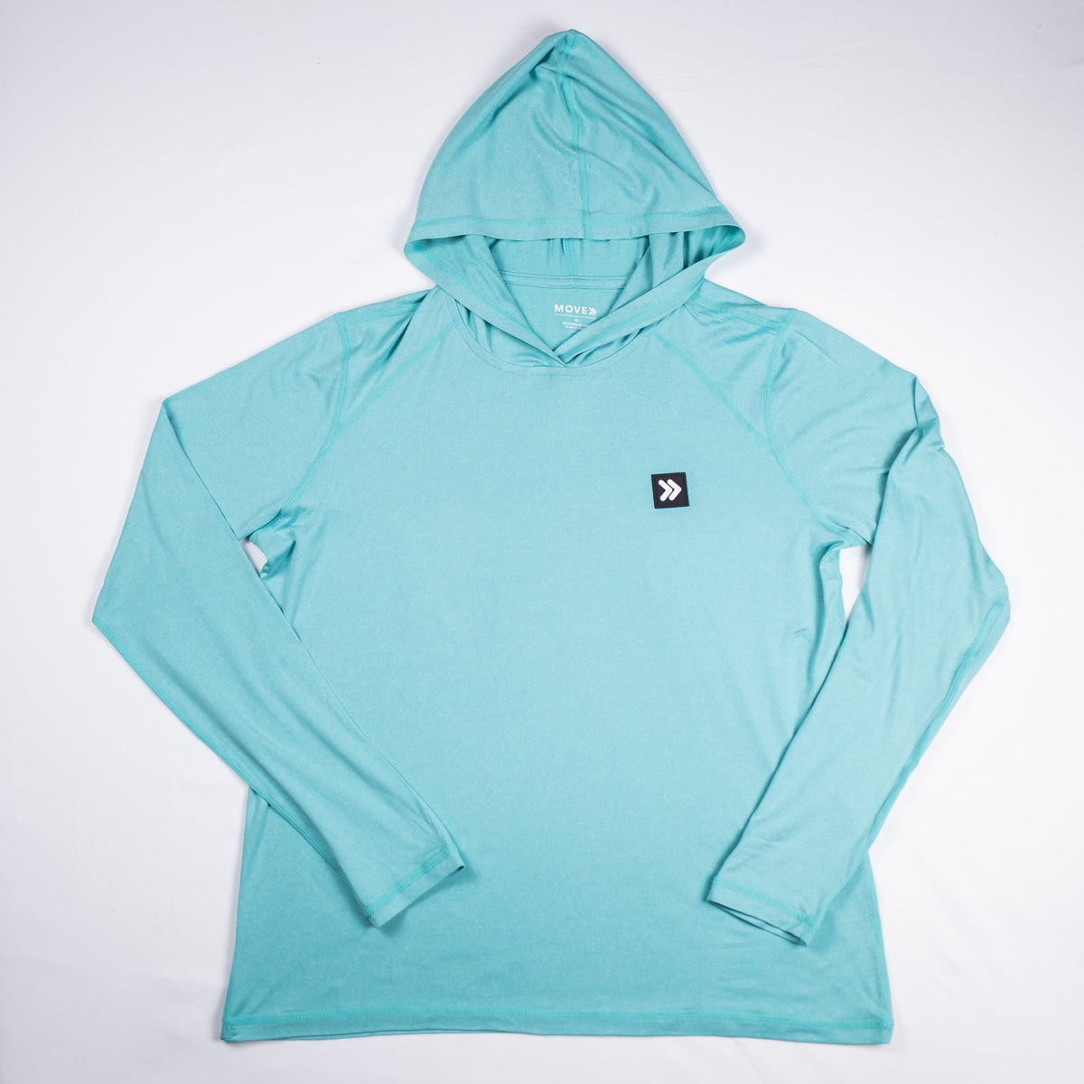 MOVE Sport Apparel women’s Black Label Lightweight Sun Hoodie: Aqua Splash sun hoodie shown flat from the front.