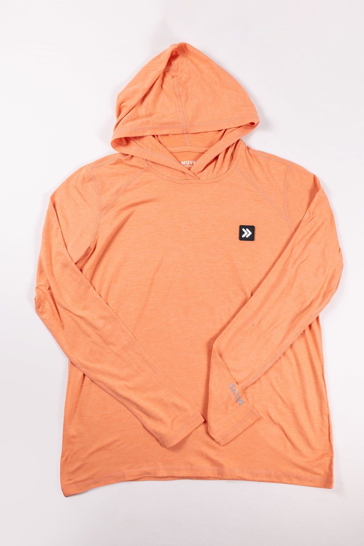 MOVE Sport Apparel women’s Black Label Lightweight Sun Hoodie: Coral Reef sun hoodie shown flat from the front.