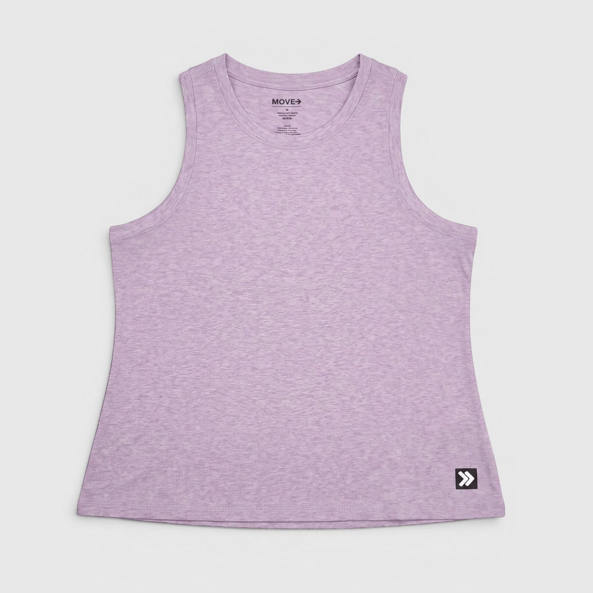 Front view of MOVE Sport Apparel women’s Essential High Neck Tank Top in Heather Soft Lilac, showing the original neckline, cut and lower-hem embellishment.