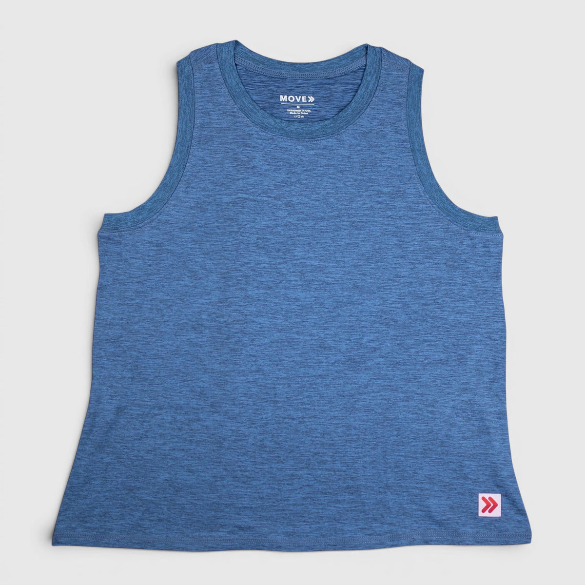 Front view of MOVE Sport Apparel women’s Essential High Neck Tank Top in Heather Steel Blue, showing the original neckline, cut and lower-hem embellishment.