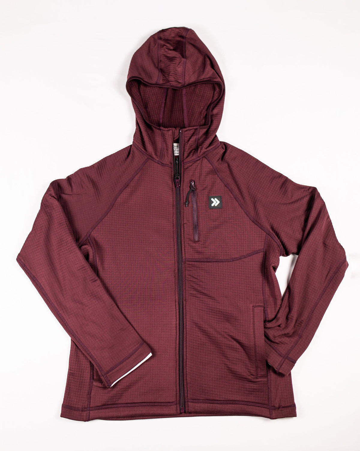 Front flat lay of the women’s Vineyard Wine Full Zip Waffle Hoodie with zippered chest pocket and original chevron patch.