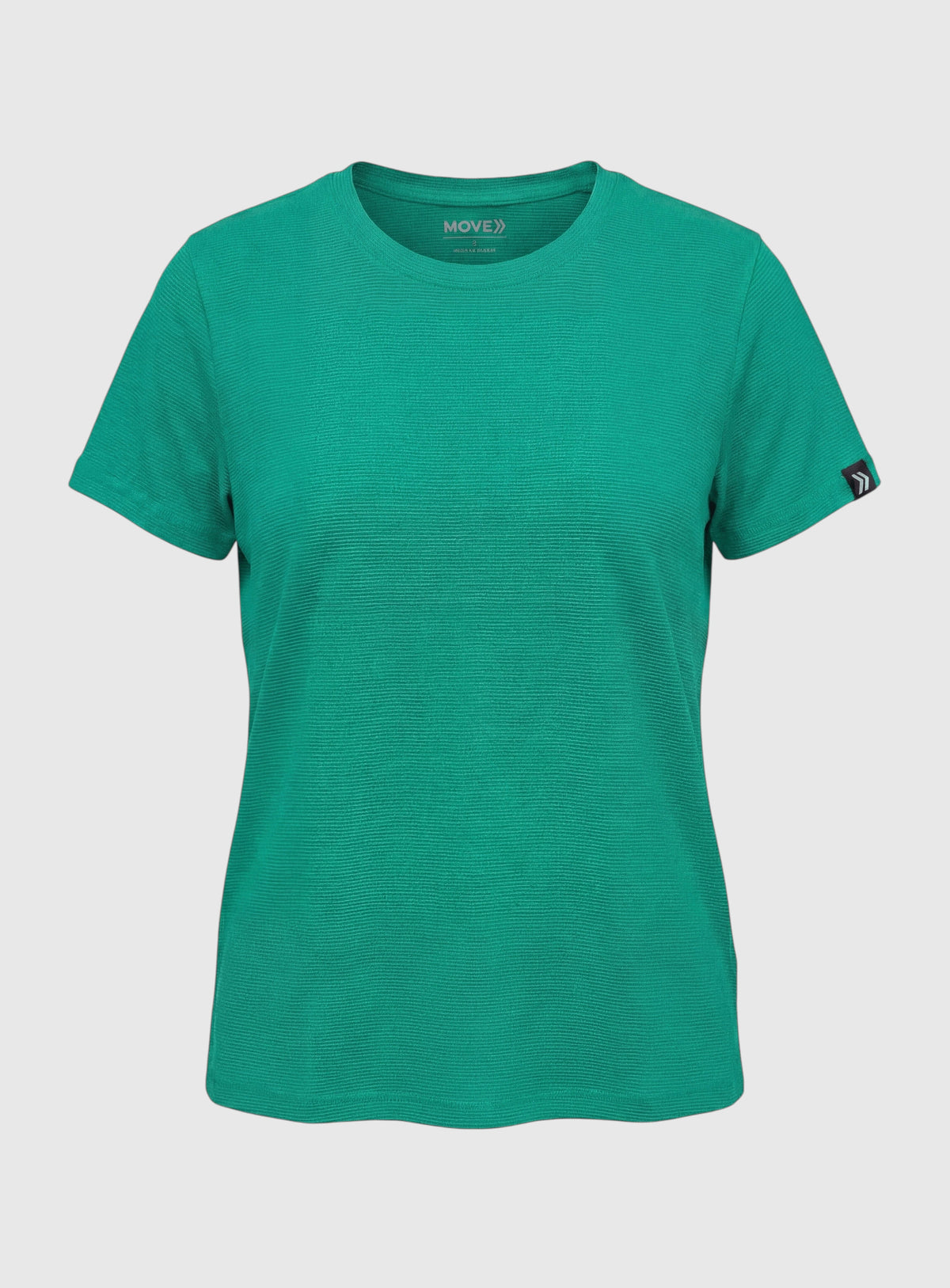 Front view of MOVE Sport Apparel women’s LuxDry T-shirt in Blarney green.