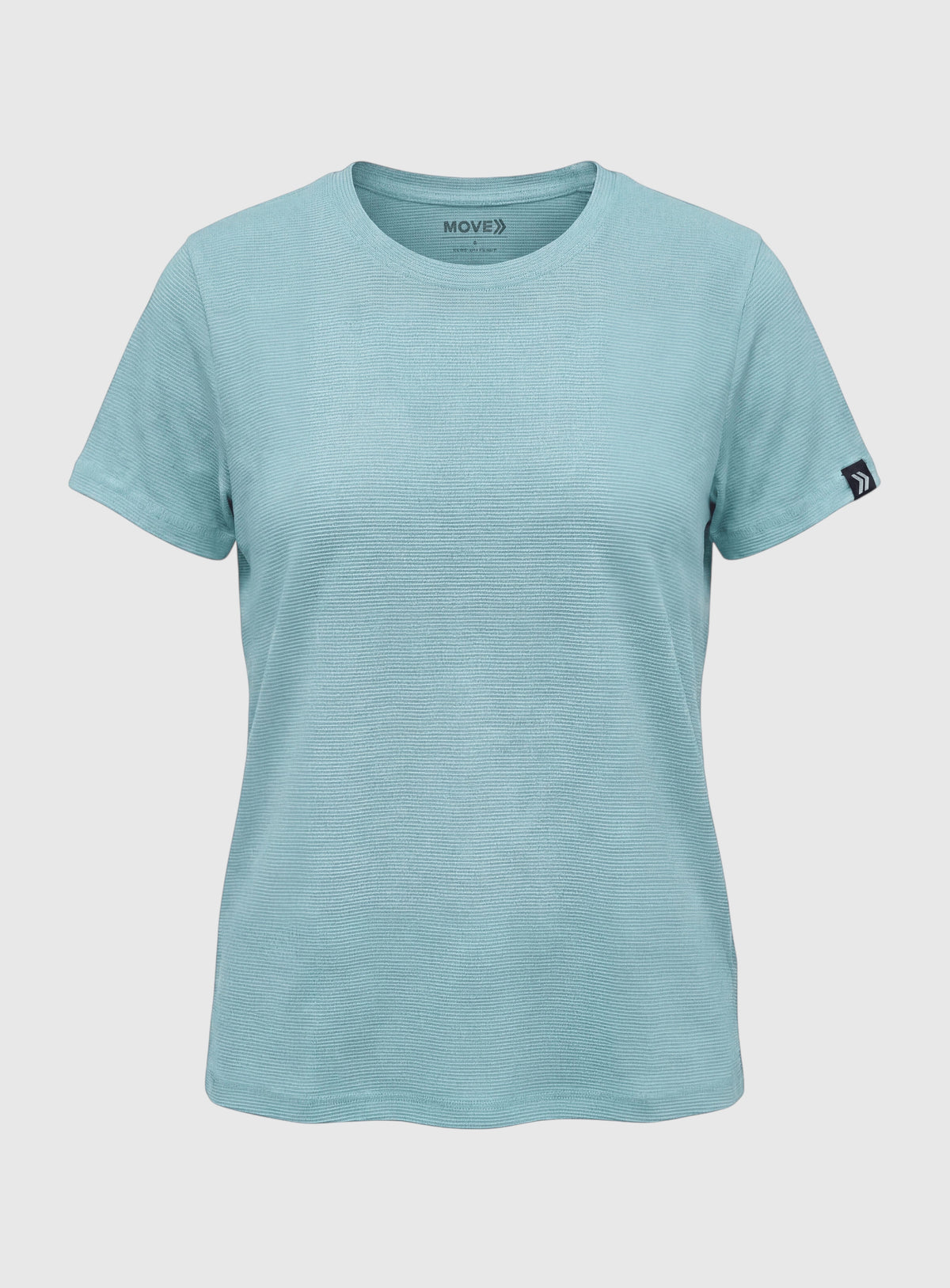 Front view of MOVE Sport Apparel women’s LuxDry T-shirt in Marina with original black sleeve tab.