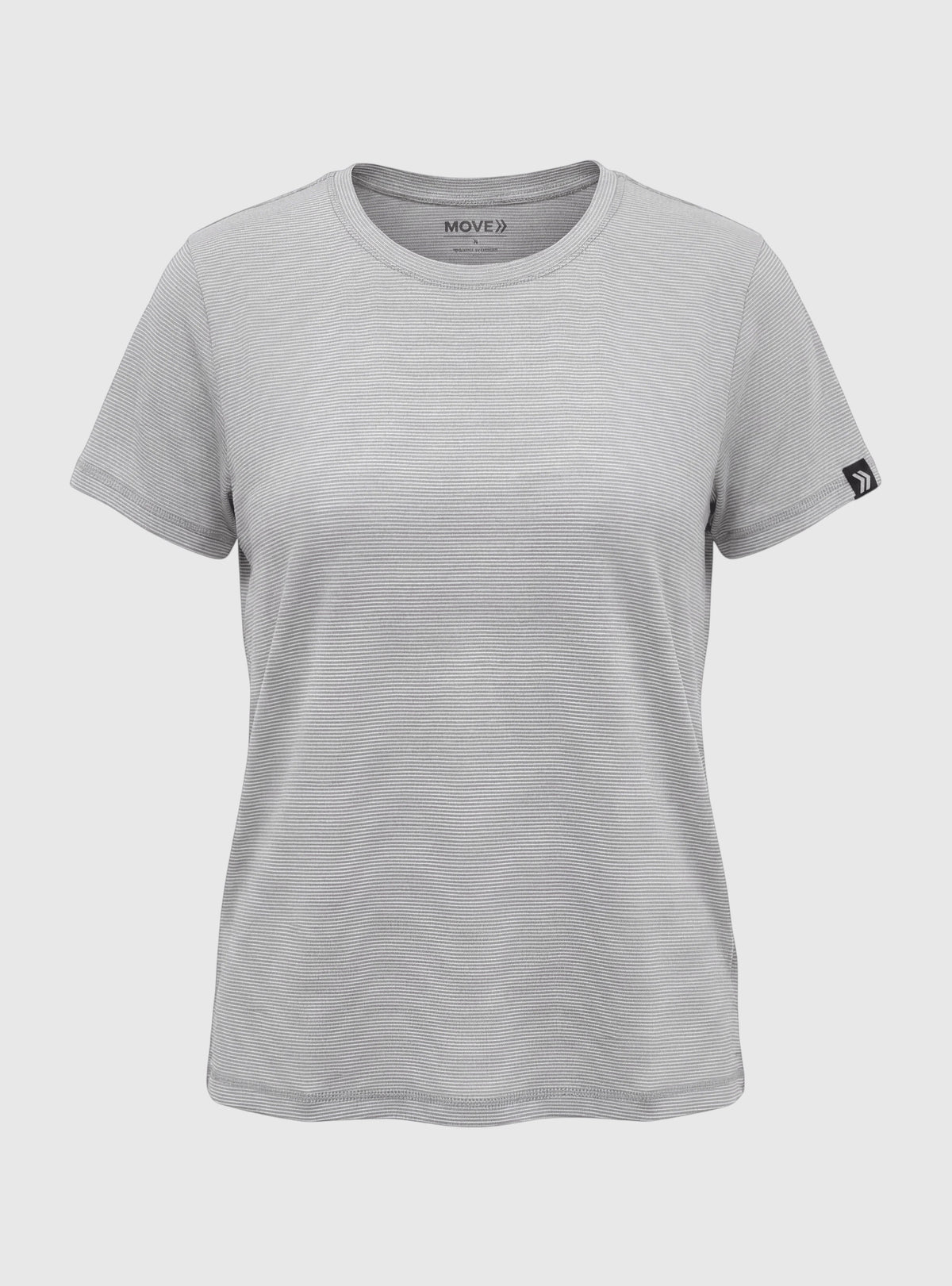 Front view of MOVE Sport Apparel women’s LuxDry T-shirt in Silver Cloud.