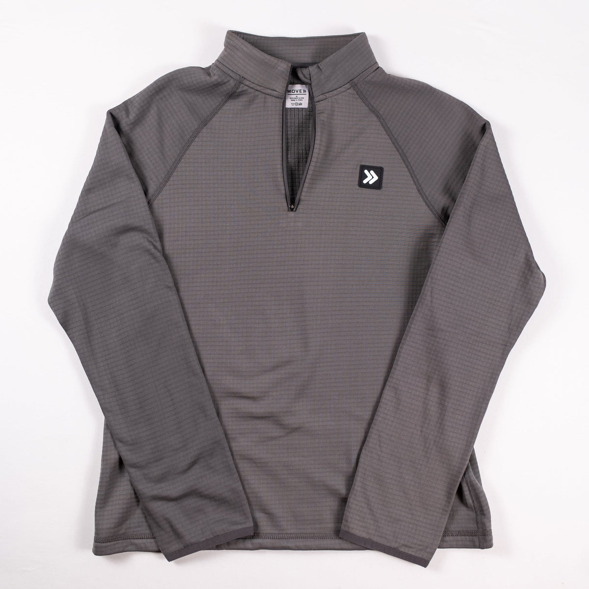 MOVE sport apparel charcoal grey waffle-knit quarter zip pullover with raglan sleeves and chest logo patch